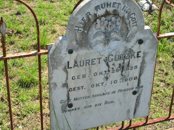 Lauret GUTZKE,  | born 28 Oct 1825 died 10 Oct 1908;  | Mt Beppo General Cemetery, Esk Shire  | 