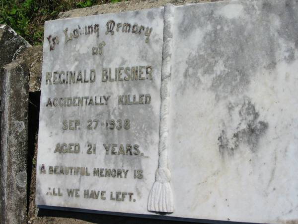 Reginald BLIESNER (Reg),  | accidentally killed 27 Sept 1938 aged 21 years;  | Mt Beppo General Cemetery, Esk Shire  | 
