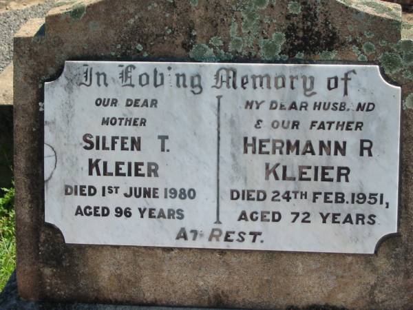 Silfen T. KLEIER, mother,  | died 1 June 1980 aged 96 years;  | Hermann R. KLEIER, husband father,  | died 24 Feb 1951 aged 72 years;  | Mt Beppo General Cemetery, Esk Shire  | 