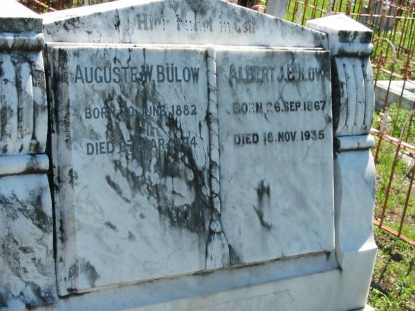 Auguste W. BULOW,  | born 20 June 1882 died 27 March 1964;  | Albert J. BULOW,  | born 26 Sept 1867 died 18 Nov 1935;  | Mt Beppo General Cemetery, Esk Shire  | 