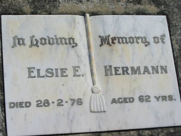 Elsie E. HERMANN,  | died 28-2-76 aged 62 years;  | Mt Beppo General Cemetery, Esk Shire  | 