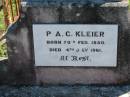 P.A.C. KLEIER, born 20 Feb 1880 died 4 July 1961; Mt Beppo General Cemetery, Esk Shire 