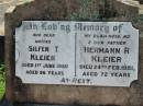 Silfen T. KLEIER, mother, died 1 June 1980 aged 96 years; Hermann R. KLEIER, husband father, died 24 Feb 1951 aged 72 years; Mt Beppo General Cemetery, Esk Shire 