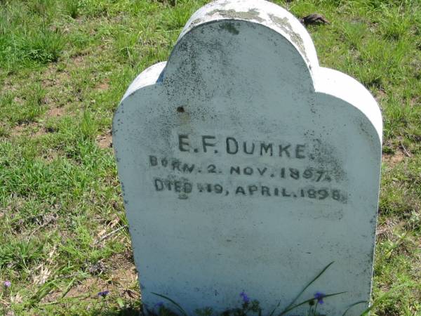 E.F. DUMKE,  | born 2 Nov 1897 died 19 April 1898;  | Mt Beppo General Cemetery, Esk Shire  | 