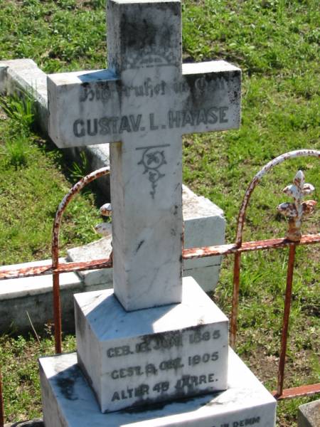 Gustav L. HAASE,  | born 18 June 1885 died 6 Oct 1905 aged 46? years;  | Mt Beppo General Cemetery, Esk Shire  | 