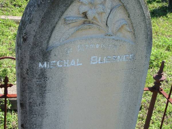 Miechal BLIESNER,  | 22 Sept 1885? aged 89 years 6 months;  | Christine BLIESNER,  | 16-6-1837 - 10-7-1925;  | Mt Beppo General Cemetery, Esk Shire  | 