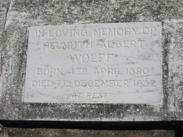 Helmuth Albert WOLFF,  | born 4 April 1890 died 7 Dec 1952;  | Mt Beppo General Cemetery, Esk Shire  | 