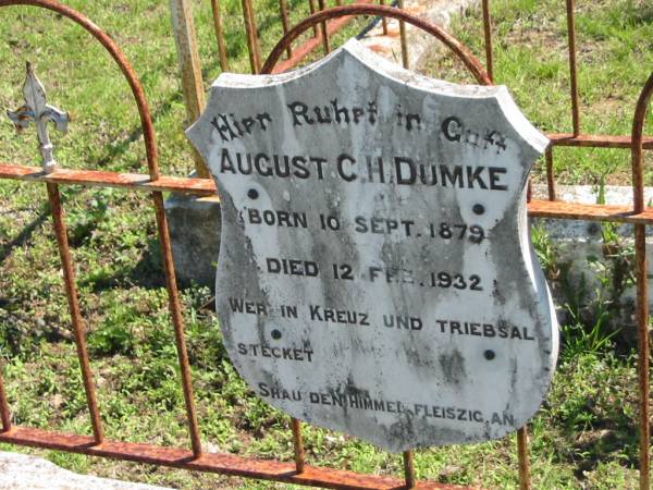 August C.H. DUMKE,  | born 10 Sept 1879 died 12 Feb 1932;  | Mt Beppo General Cemetery, Esk Shire  | 