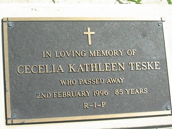 Cecelia Kathleen TESKE,  | died 2 Feb 1996 aged 85 years;  | Mt Beppo General Cemetery, Esk Shire  | 