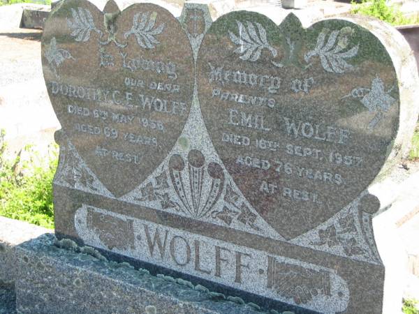 parents;  | Dorothy C.E. WOLFF,  | died 6 May 1958 aged 69 years;  | Emil WOLFF,  | died 16 Sept 1957 aged 76 years;  | Mt Beppo General Cemetery, Esk Shire  | 