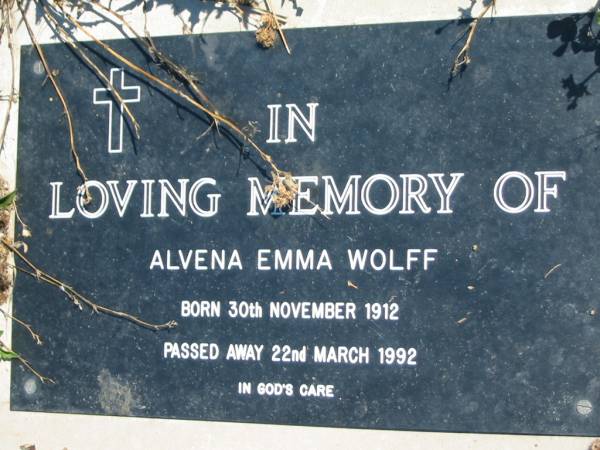 Alvena Emma WOLFF,  | born 30 Nov 1912 died 22 March 1992;  | Mt Beppo General Cemetery, Esk Shire  | 
