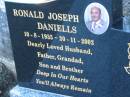 Ronald Joseph DANIELLS; B: 10 Aug 1935; D: 20 Nov 2002 Mt Mee Cemetery, Caboolture Shire 