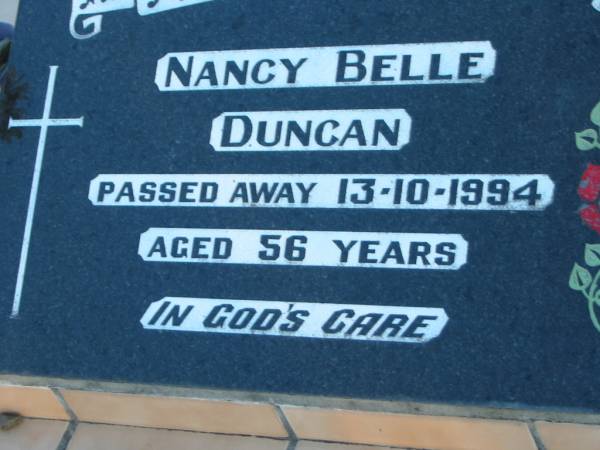 Nancy Belle DUNCAN, died 13-10-1994 aged 56 years;  | Mt Mee Cemetery, Caboolture Shire  | 