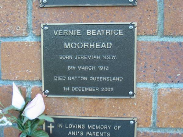 Vernie Beatrice MOORHEAD  | B: Jeremiah, N.S.W., 8 Mar 1912  | D: Gatton, QLD, 1 Dec 2002  | Mt Mee Cemetery, Caboolture Shire  | 