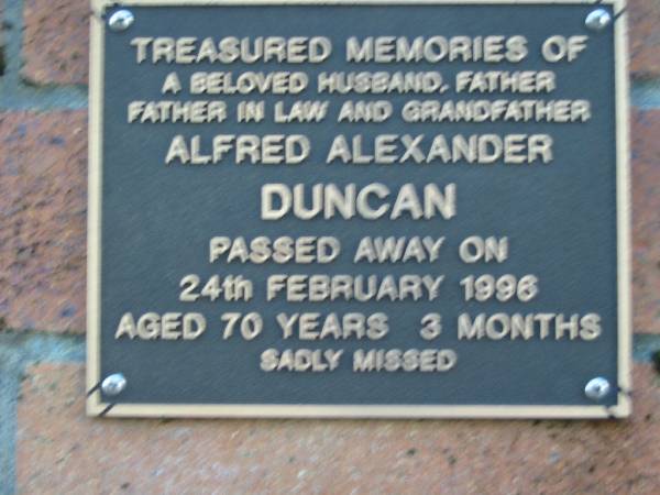 Alfred Alexander DUNCAN; D: 24 Feb 1996; aged 70 years 3 months  | Mt Mee Cemetery, Caboolture Shire  |   | 