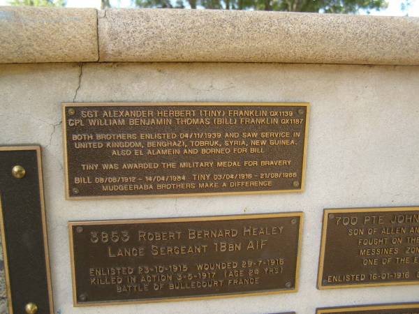 Alexander Herbert (Tiny) FRANKLIN; 03/04/1916 - 21/08/1966  | WilliamBenjamin Thomas (Bill) FRANKLIN; 08/06/1912 - 14/04/1984  |   | War Memorial, Elsie Laver Park, Mudgeeraba  |   | 