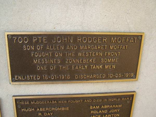 John Rodger MOFFAT; son of Allen and Margaret  | War Memorial, Elsie Laver Park, Mudgeeraba  | 