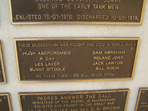 Hugh ABERCROMBIE  | R DAY  | Les LAVER  | Bunny O'TOOLE  | Sam ABRAHAM  | Roland JORY  | Jack LAWTON  | Bill ROSIN  | War Memorial, Elsie Laver Park, Mudgeeraba  | 