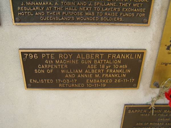 Roy Albert FRANKLIN; 18yr10mth, son of William Albert and Annie M  | War Memorial, Elsie Laver Park, Mudgeeraba  | 