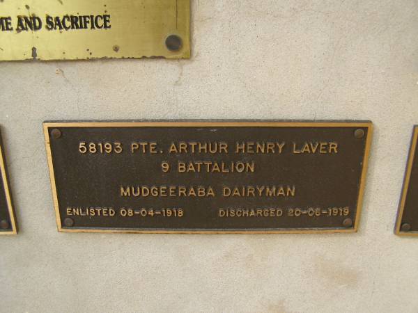 Arthur Henry LAVER  | War Memorial, Elsie Laver Park, Mudgeeraba  | 
