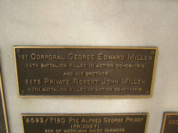 George Edward MILLEN, KIA 5-8-1916  | Robert John MILLEN, KIA 2-7-1918  | War Memorial, Elsie Laver Park, Mudgeeraba  | 