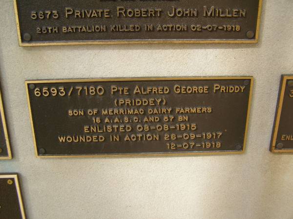 Alfred George PRIDDY (PRIDDEY)  | War Memorial, Elsie Laver Park, Mudgeeraba  | 