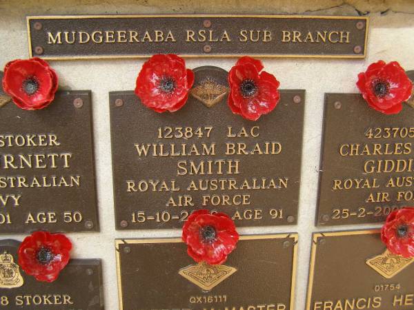 William Braid SMITH, 15-10-2000, aged 91  | War Memorial, Elsie Laver Park, Mudgeeraba  | 