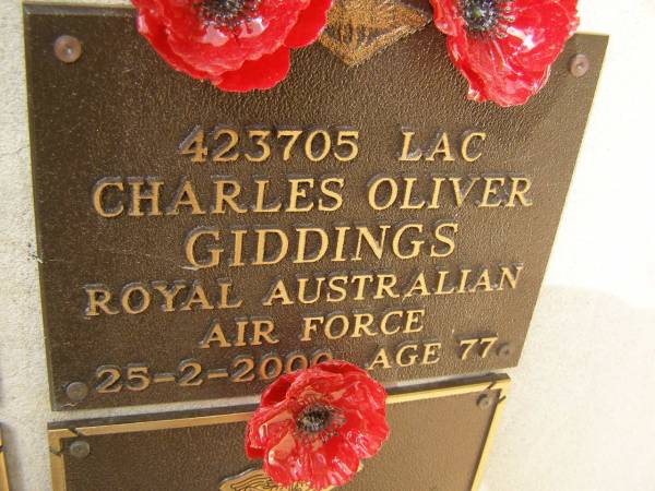 Charles Oliver GIDDINGS; 25-2-2000, aged 77  | War Memorial, Elsie Laver Park, Mudgeeraba  | 