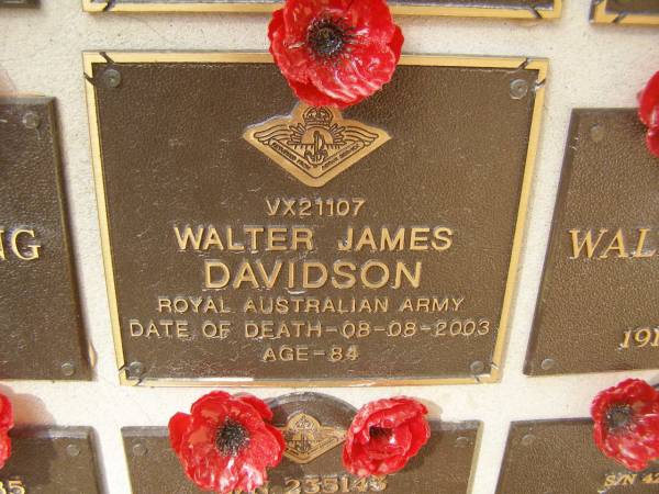 Walter James DAVIDSON, d: 8-8-2003, aged 84  | War Memorial, Elsie Laver Park, Mudgeeraba  | 