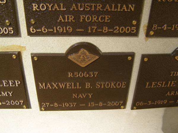 Maxwell B STOKOE; 27-8-1937 - 15-8-2007  | War Memorial, Elsie Laver Park, Mudgeeraba  | 