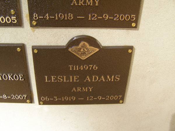 Leslie ADAMS; 06-3-1919 - 12-9-2007  | War Memorial, Elsie Laver Park, Mudgeeraba  | 