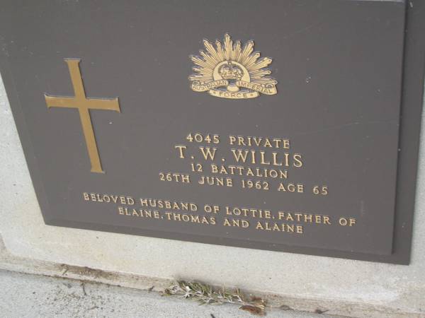 T.W. WILLIS,  | died 26 June 1962 aged 65 years,  | husband of Lottie,  | father of Elaine, Thomas & Alaine;  | Mudgeeraba cemetery, City of Gold Coast  | 