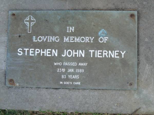 Stephen John TIERNEY,  | died 23 Jan 1989 aged 83 years;  | Mudgeeraba cemetery, City of Gold Coast  | 