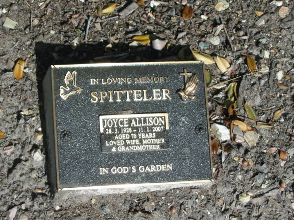 Joyce Allison SPITTELER,  | 28-3-1928 - 11-1-2007 aged 78 years,  | wife mother grandmother;  | Mudgeeraba cemetery, City of Gold Coast  | 