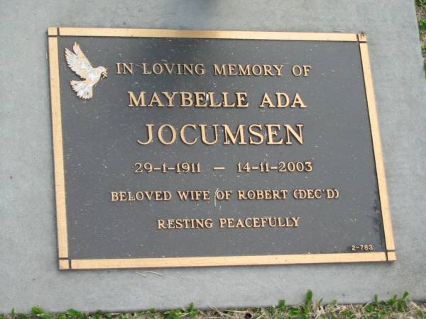 Maybelle Ada JOCUMSEN,  | 29-1-1911  - 14-111-2003,  | wife of Robert (dec'd);  | Mudgeeraba cemetery, City of Gold Coast  | 