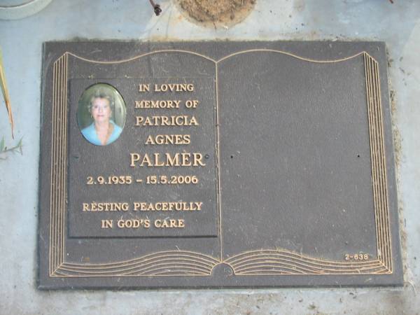 Patricia Agnes PALMER,  | 1-9-1935 - 15-5-2006;  | Mudgeeraba cemetery, City of Gold Coast  | 