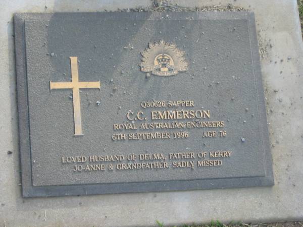 C.C. EMMERSON,  | died 6 Sept 1996 aged 76 years,  | husband of Delma,  | father of Kerry, Jo-Anne,  | grandfather;  | Mudgeeraba cemetery, City of Gold Coast  | 