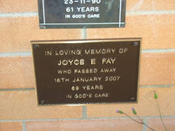 Joyce E. FAY,  | died 16 Jan 2007 aged 69 years;  | Mudgeeraba cemetery, City of Gold Coast  | 