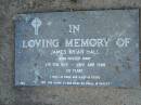 
James Brian HALL,
8 Feb 1929 - 28 June 1988 aged 59 years;
Mudgeeraba cemetery, City of Gold Coast
