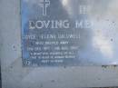 
Joyce Helena CALDWELL,
13 Dec 1911 - 8 Aug 1992;
William Thomas CALDWELL,
24-12-1925 - 5-1-2008,
partner of Joy;
Mudgeeraba cemetery, City of Gold Coast

