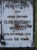 John Norton WINTLE,
husband father,
died 14 Aug 1951 aged 52 years;
Olive Margaret WINTLE,
mother,
died 2 Aug 1976 aged 68 years;
Mudgeeraba cemetery, City of Gold Coast