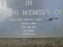 
William Henry RAFTON,
died 3 Jan 1985 aged 64 years;
Mudgeeraba cemetery, City of Gold Coast
