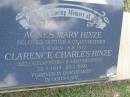 
Agnes Mary HINZE,
mother grandmother,
died 7-8-1919 - 8-8-1973;
Clarence Charles HINZE,
father grandfather,
12-5-1915 - 23-1-2000;
Mudgeeraba cemetery, City of Gold Coast
