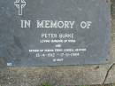 
Peter BURKE,
husband of Roma,
father of Robyn, Terry, Lyndell, Heather,
13-4-1912 - 17-11-1984;
Mudgeeraba cemetery, City of Gold Coast
