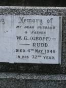 W.G. (Geoff) RUDD,
husband father,
died 4 May 1948 in 72nd year;
Mudgeeraba cemetery, City of Gold Coast