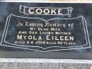 
Myola Eileen COOKE,
wife mother,
died 6-6-2008 aged 90 years;
Mudgeeraba cemetery, City of Gold Coast
Research Contact: Adelle Jordan (da.jordan@bigpond.com)
