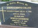 
Joseph Cummins COLLINS,
died 25-9-1996 aged 83 years;
Myrtle Catherine,
wife,
died 3-12-2007 aged 91 years;
Mudgeeraba cemetery, City of Gold Coast
