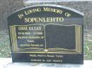 
Ossi Elias SOPENLEHTO,
23-10-1928 - 2-7-1996,
husband of Toini,
father of Irene, Pertti, Raija, Tuovi;
Mudgeeraba cemetery, City of Gold Coast
