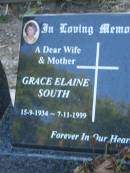 Grace Elaine SOUTH,
15-9-1934 - 7-11-1999;
Mudgeeraba cemetery, City of Gold Coast