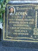 
John,
27-4-1924 - 4-7-2001,
husband father grandfather;
Mary Jane,
2-9-1918 - 11-10-2006,
wife mother grandmother;
[REDO surname]
Mudgeeraba cemetery, City of Gold Coast
